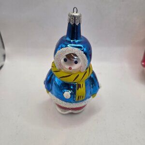 Vintage Glass Christmas Ornament Blue Eskimo Child 3in Hand Painted Figural